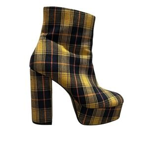 Yellow Plaid Platform Ankle Boots Clueless Inspired 90s Tartan Block Heel Boots